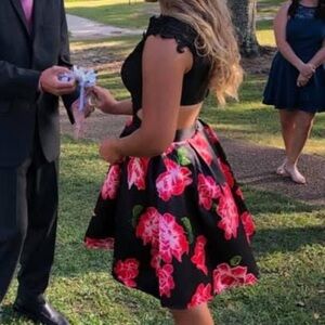 Splash One Piece Side Cutout Black Pink Floral Hoco Dress 8